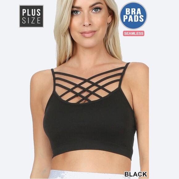 1X/2X Black Triple Criss Cross Bralette + bra pads Zenana wireless seamless - Picture 1 of 16